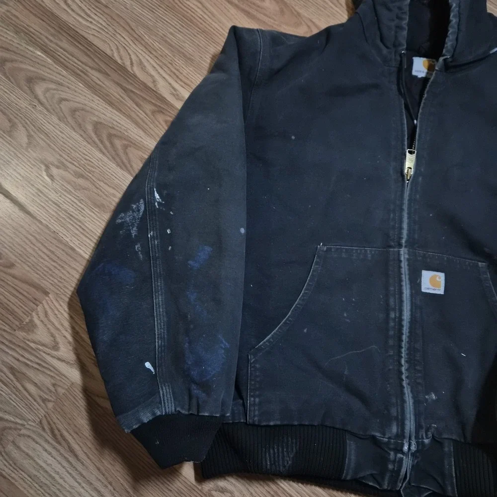 Vintage Carhartt Hooded Zip Duck Jacket Men's XLarge J140 Black Distressed Faded